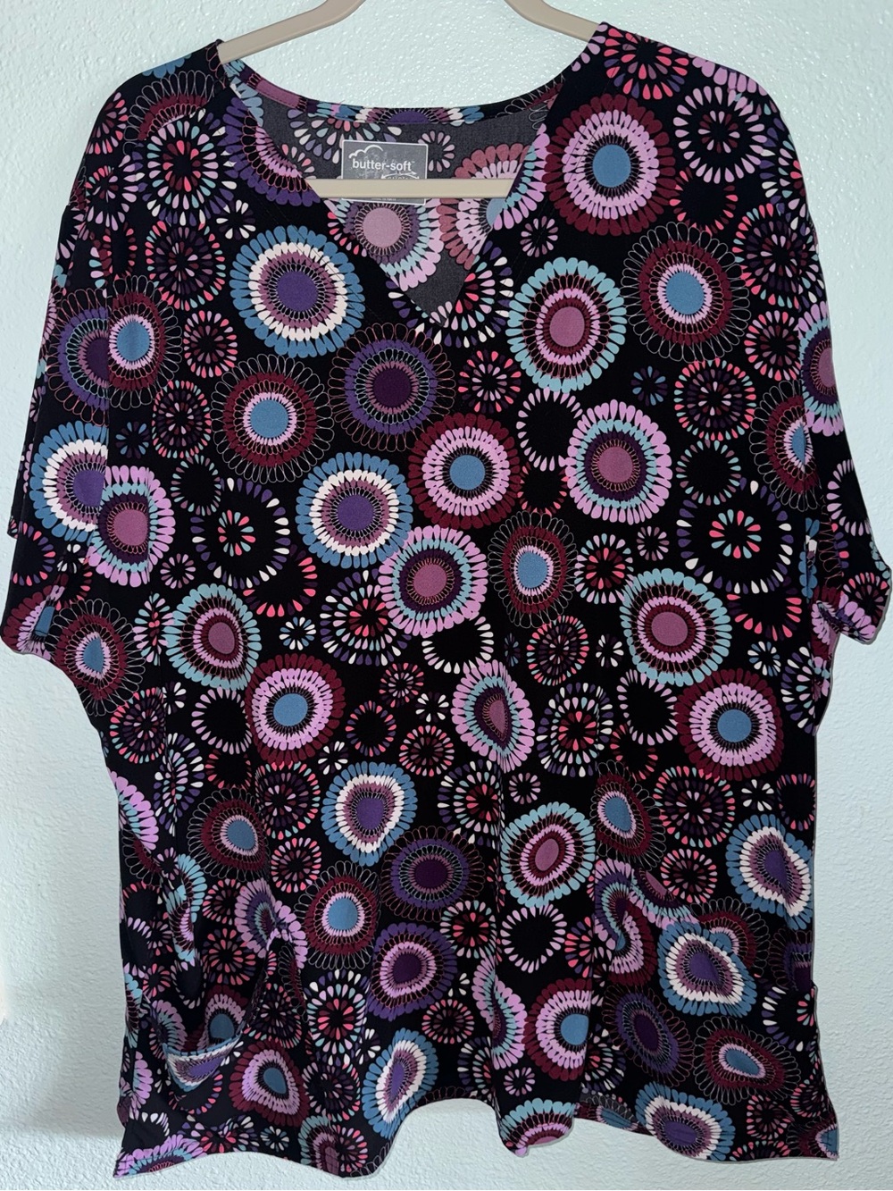 Butter-Soft Black Short Sleeve Tee with Pink, Purple & Blue Medallion Print